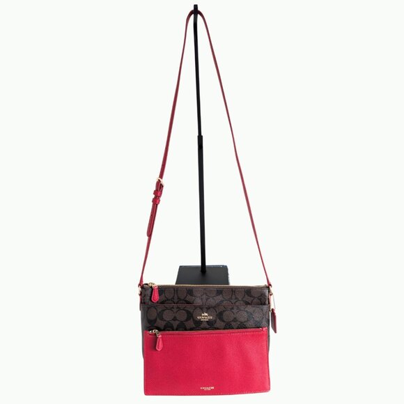 COACH, EAST/WEST Crossbody With Pop Out Pouch, EUC, Red/Brown Signature, F58316 - Picture 3 of 6